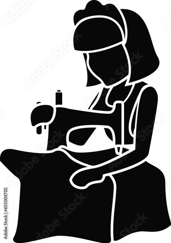 Cartoon Black and White Illustration Vector Of A Woman in A Maids Outfit Using a Sewing Machine