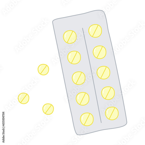 Round tablets or pills with divider in blister package, cold and flue treatment, vector