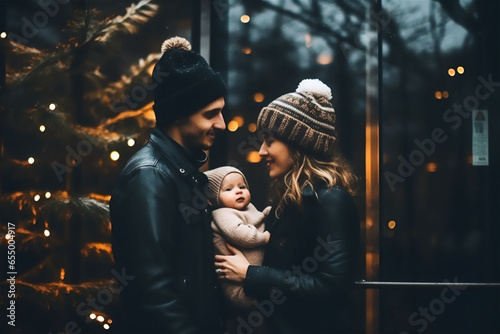 family with baby in arms in front of a Christmas tree