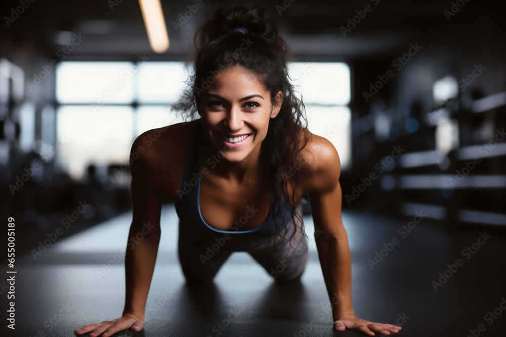 young latin girl smiling doing push ups on the gym floor