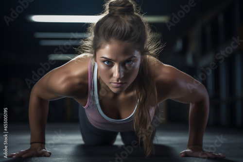 front view of young long-haired caucasian girl doing push-ups on gym floor with knees supported