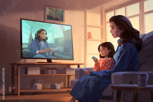 illustration of a mother with her sick daughter at home having an online medical consultation with her pediatrician © Alvaro