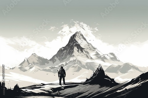 Outline of an adventurer in front of a massive peak. Generative AI © Meliora