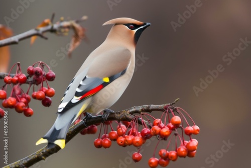 the waxwing perches on a mountain ash. child's artwork. Generative AI photo
