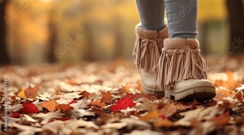 close up woman wearing winter boots walking in nature trail during late autumn or early winter time, Generative Ai