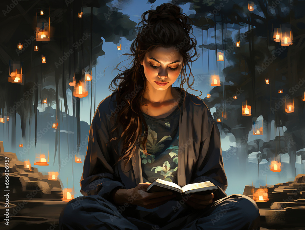 Cute Girl Lost in a Book Amidst a Sea of Lanterns Cute Girl Lost in a Book Amidst a Sea of Lanterns