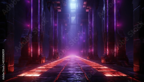 Corridor Tunnel Dark Hall Reflective Neon Glowing Sci Fi Futuristic