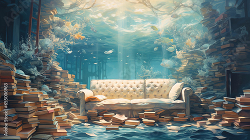  Pastel Blue Room with Sofa and a Pile of Books photo