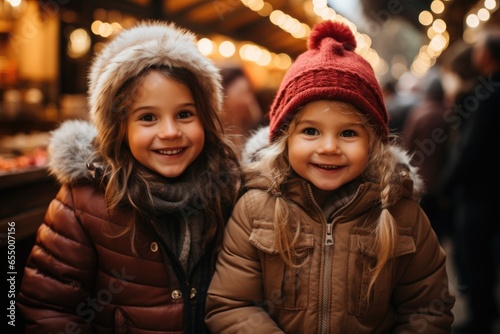 Christmas Joy Unveiled: Two Toddler Girl Children Amidst the Market's Festivities © furyon