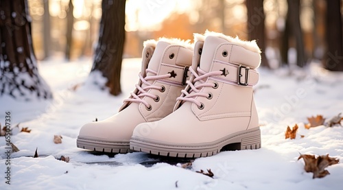 close up winter boots in outdoor cold weather, Generative Ai