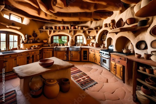 Rustic kitchen made of white mud cob and adobe,with native american motif and native american clay pottery and clay cookware - AI Generative