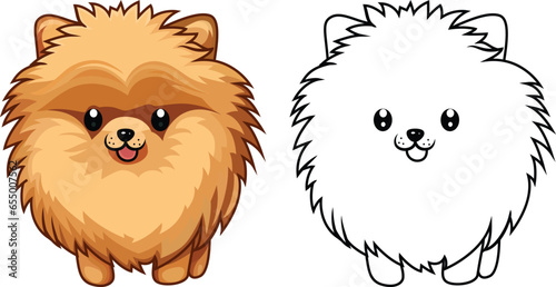 Pomeranian cartoon dog vector image , miniaturized dog, spitz type sled dog cartoon vector image , colored and black and white stock vector image