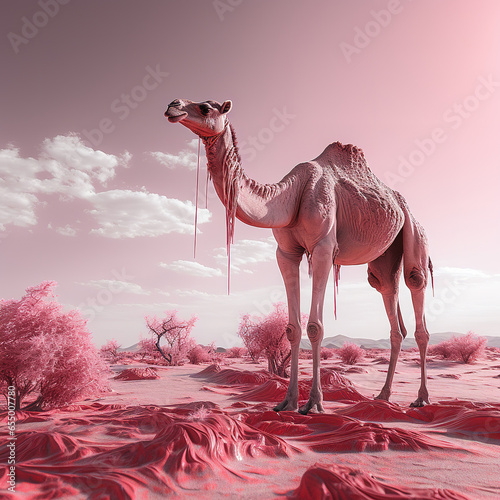 Monochrome Mirage: Pastel Pink Camel in a Pink Desert Dreamscape