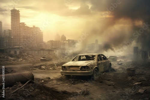 Destroyed landscape with wrecked car and polluted city engulfed in smoke. Generative AI photo