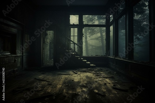 A creepy, deserted house showcasing dimly lit areas and damaged windows, evoking an enigmatic and otherworldly atmosphere. Generative AI