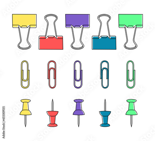 school office tools college study supplies set colored paper clip buttons isolated white background clean lesson knowledge education work cartoon doodle children child learn work multicolored outline