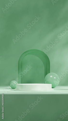 in portrait with green background, rendering 3d mockup template white podium
