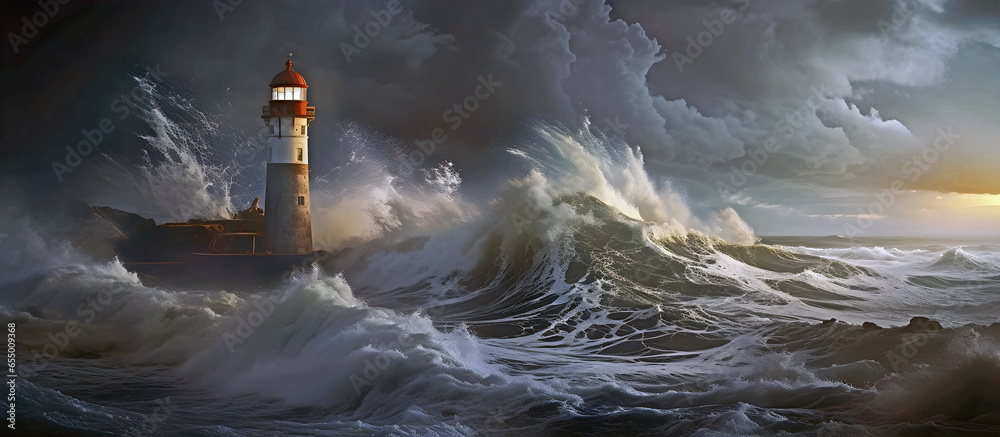 lighthouse on a stormy night. AI generated. - obrazy, fototapety, plakaty 