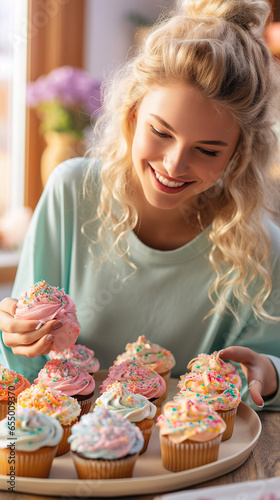 Woman Holding Delicious Pastel-Colored Cupcakes  with colorful crumbs