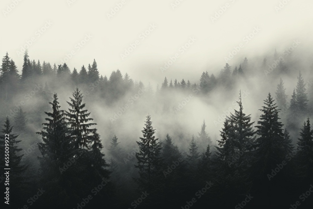 Monochrome atmospheric wallpaper depicting a foggy forest with mist. Generative AI - obrazy, fototapety, plakaty 