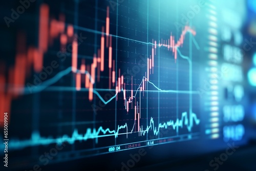 Closeup stock market uptrend candlestick chart on blue monitor background. Generative AI
