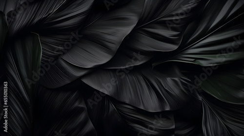 Textures of abstract black leaves for tropical leaf background. Flat lay, dark nature concept, tropical leaf, digital ai photo