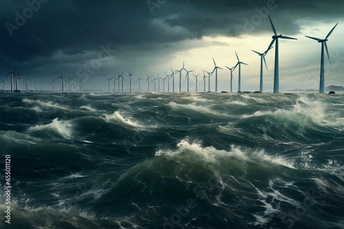 Stormy offshore wind turbines. Generative AI