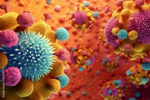 3D illustration of pathogenic microbes on color background, advocating to halt the spread of coronavirus. Generative AI photo