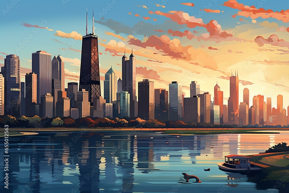 Obraz premium Illustration of Chicago skyline in the background. Generative AI