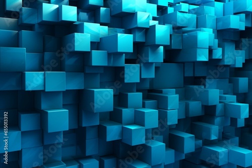 Meticulous arrangement of various block sections forming a striking wall. Shades of blue and turquoise blend seamlessly on a futuristic backdrop. An artistic 3D composition. Generative AI