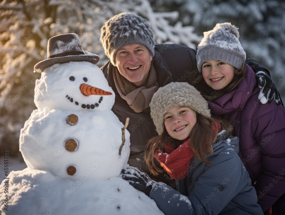 A family poses with a snowman in the snow. Generative AI.