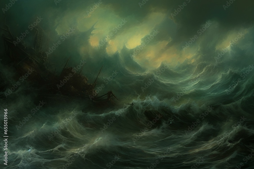 A turbulent ocean scene with stormy waves crashing against a dark cloudy sky. Generative AI - obrazy, fototapety, plakaty 
