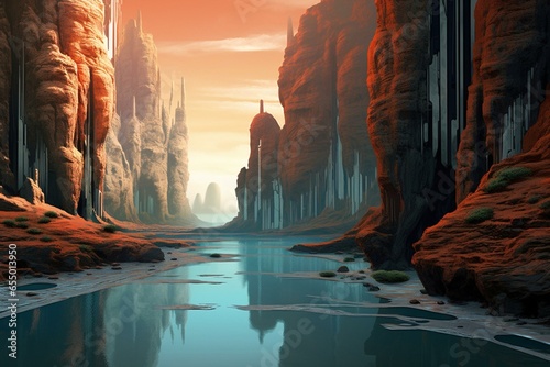 Artistic illustration of a futuristic landscape featuring cliffs and water. Generative AI