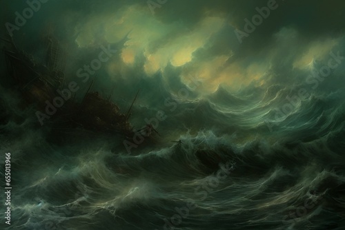 A turbulent ocean scene with stormy waves crashing against a dark cloudy sky. Generative AI