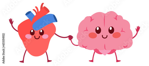 Vector illustration of Heart and brain friends. Mascot characters representing reason and feelings concept