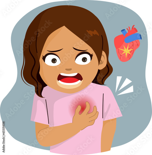 Girl has chest pain heart attack disease vector illustration. Kid suffering from cardiovascular issue