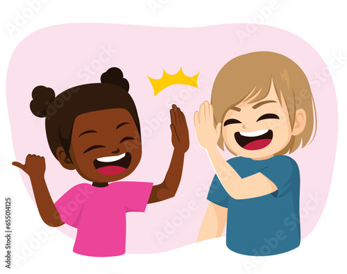 Vector illustration of children making high five celebrating success. Kids greeting gesture. Friends clapping hands