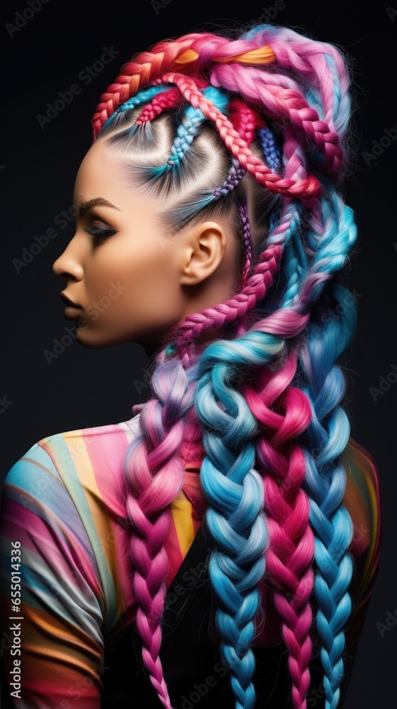 A young woman with colorful braids on her head. Generative AI. - obrazy, fototapety, plakaty 