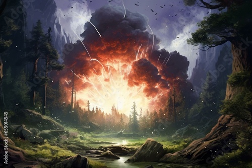 Mysterious explosion in remote forest illustrated in a fantasy setting. Generative AI photo