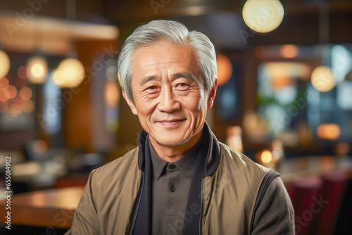 Healthy, good-looking senior Asian man in his sixties, smiling, expressing warmth, positivity and confidence.