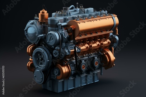 3D model of a powerful diesel engine on a plain background. Generative AI