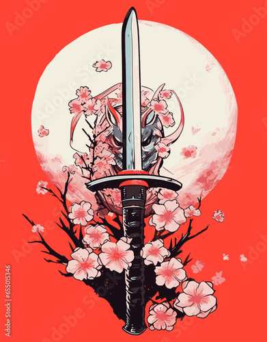 samurai sword and sakura branch