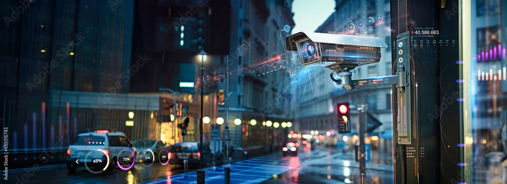cctv city street security camera surveillance system for motion and face identity detection or recognition sensor, live monitoring and futuristic recording footage concept as wide banner copy space - obrazy, fototapety, plakaty 