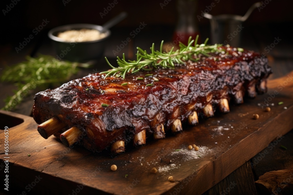A visually appealing image capturing the BBQ ribs, elevated by their visually appealing presentation, dusted with a beautiful crust of es and herbs, adding a delightful texture and depth