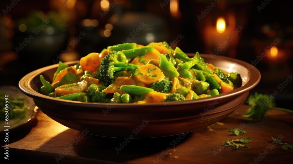 This stunning vegetable curry brings together a symphony of flavors, combining broccoli florets, snap peas, and yellow squash, all smothered in a vibrant, tomatobased curry sauce infused