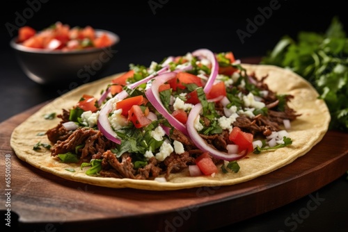 This visually stunning image captures the essence of a classic streetstyle beef taco. The tortilla is filled with succulent ground beef that has been infused with aromatic es, rendering