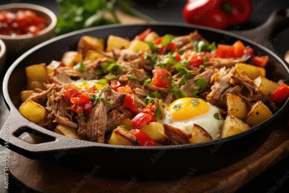 A hearty breakfast skillet b with wholesome flavors caramelized pork carnitas, saut ed bell peppers, diced potatoes, and perfectly fried eggs, all served with a side of fresh tomato salsa.
