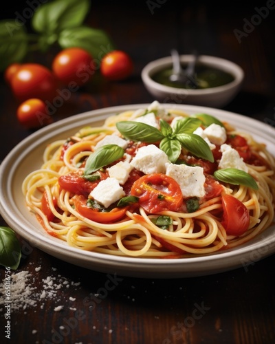 In this artfully captured shot  Margherita Pasta steals the limelight with its vibrant colors. The iconic tricolor combination of red tomato sauce  white mozzarella cheese  and green basil