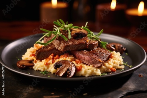 Embodying a perfect marriage of flavors, the velvety risotto presents beautifully seared beef slices alongside aromatic roasted mushrooms, inducing a delightful blend of umami and earthy