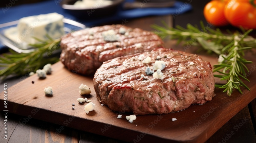 The beef patty is subtly seasoned with a secret blend of herbs and es, enhancing the natural flavors of the meat while still allowing the bold taste of the blue cheese to shine through.